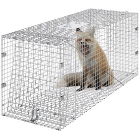 Live Animal Cage Trap, 42" x 16" x 18" Humane Cat Trap Galvanized Iron, Folding Animal Trap with Handle for Stray Dogs, Armadillos, Raccoons, Marmots