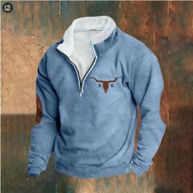 Retro Patchwork Half Cardigan Men's Long-sleeved Sweater (Option: Blue-L)