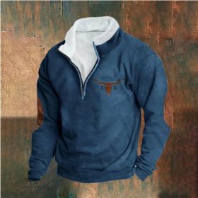 Retro Patchwork Half Cardigan Men's Long-sleeved Sweater (Option: Dark Blue-2XL)