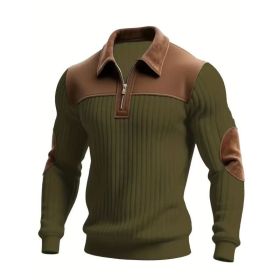 Notched-collar Patchwork Knit Top With Embroidered Zipper Hoodie (Option: Army Green-M)