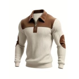 Notched-collar Patchwork Knit Top With Embroidered Zipper Hoodie (Option: Khaki-M)