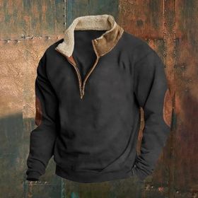 Retro Patchwork Half Cardigan Men's Long-sleeved Sweater (Option: Black-M)